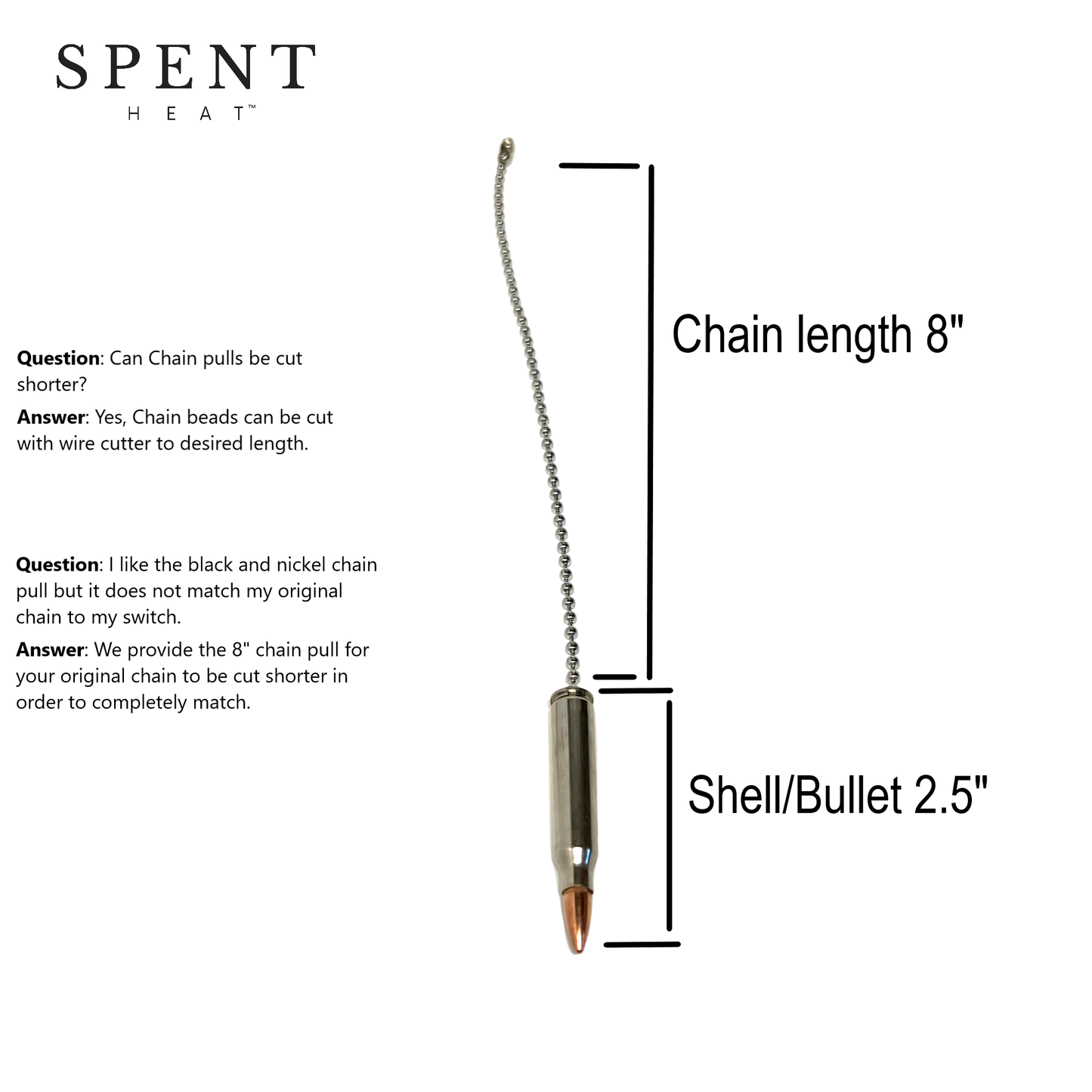 .556/223 Bullet Ceiling Fan, Lamp Chain Pulls (Nickel Plated Casing)- 1 or 2 Piece Set- Silver or Black Chain Bead